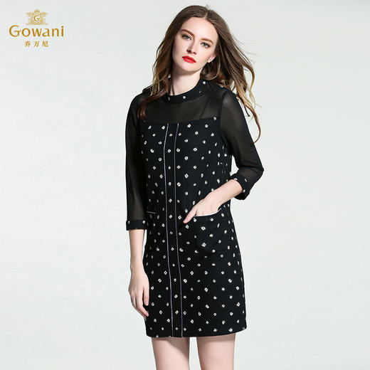 乔万尼拼接蕾丝中裙百搭黑白波点打底连衣裙EB4E166 商品图1