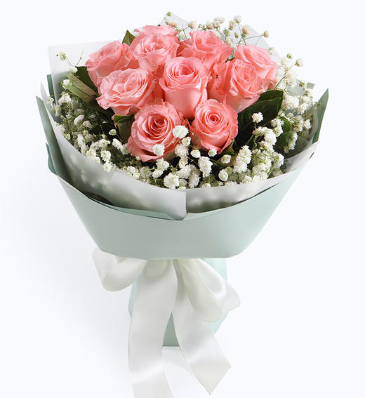 纯美时光-11朵戴安娜粉玫瑰,搭配白色满天星栀子叶 - 送花优全国同城