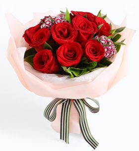 真爱----红玫瑰9枝，石竹梅4枝，栀子叶0.5扎 内层雪梨纸1张，外层粉色opp雾面纸1.5米，白绿宽罗纹带(1334)