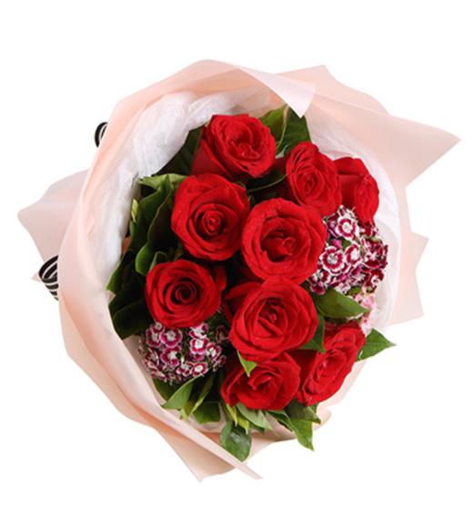 真爱----红玫瑰9枝，石竹梅4枝，栀子叶0.5扎 内层雪梨纸1张，外层粉色opp雾面纸1.5米，白绿宽罗纹带(1334) 商品图1