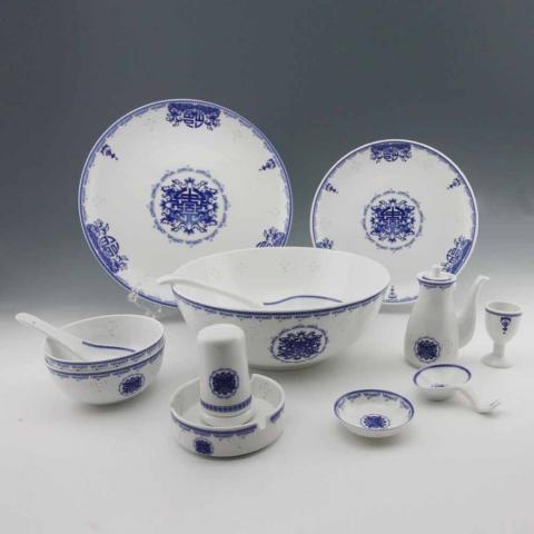 望龙68头青花玲珑福临门餐具