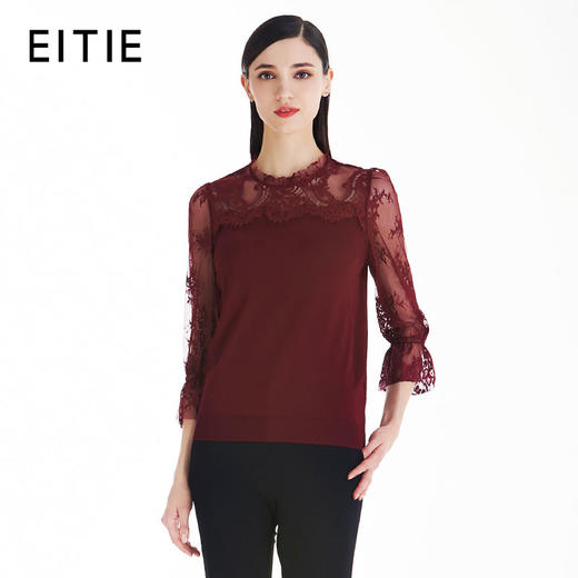 EITIE爱特爱女装夏季新品针织蕾丝拼接七分袖刺绣薄款T恤上衣5701409 商品图1