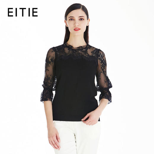EITIE爱特爱女装夏季新品针织蕾丝拼接七分袖刺绣薄款T恤上衣5701409 商品图2