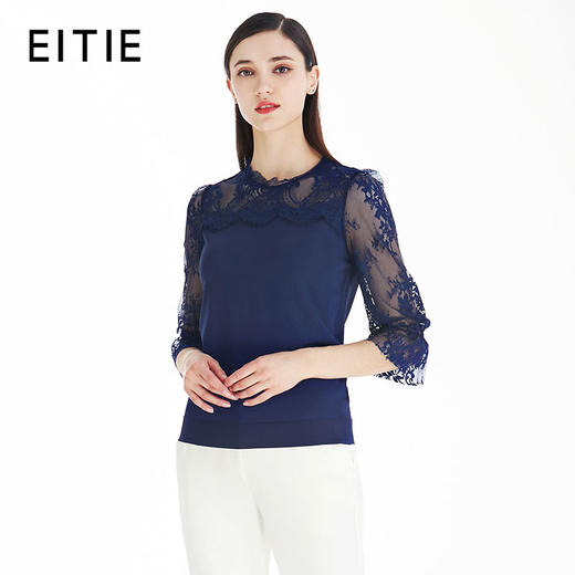 EITIE爱特爱女装夏季新品针织蕾丝拼接七分袖刺绣薄款T恤上衣5701409 商品图0
