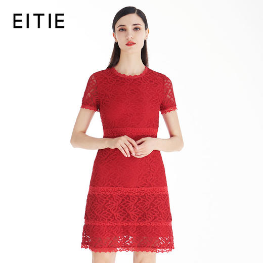 EITIE爱特爱女装夏季短袖蕾丝拼接A字裙收腰气质连衣裙5707411 商品图1