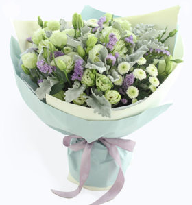 巨蟹座守护花--绿色洋桔梗1扎、银叶菊1扎，白色小雏菊3枝、浅紫色勿忘我8枝 蓝灰色绝色纸2张，米白色平面纸2张、香芋紫Logo缎带1米(1389)