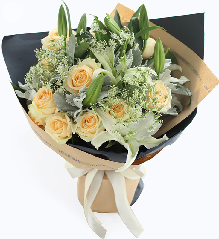 天秤座守护花---香槟玫瑰11枝、白百合3枝、蕾丝3枝、银叶菊8枝 蓝色条纹纸2张，虾粉双面牛皮纸纸2张、米白色缎带1.5米(1388)