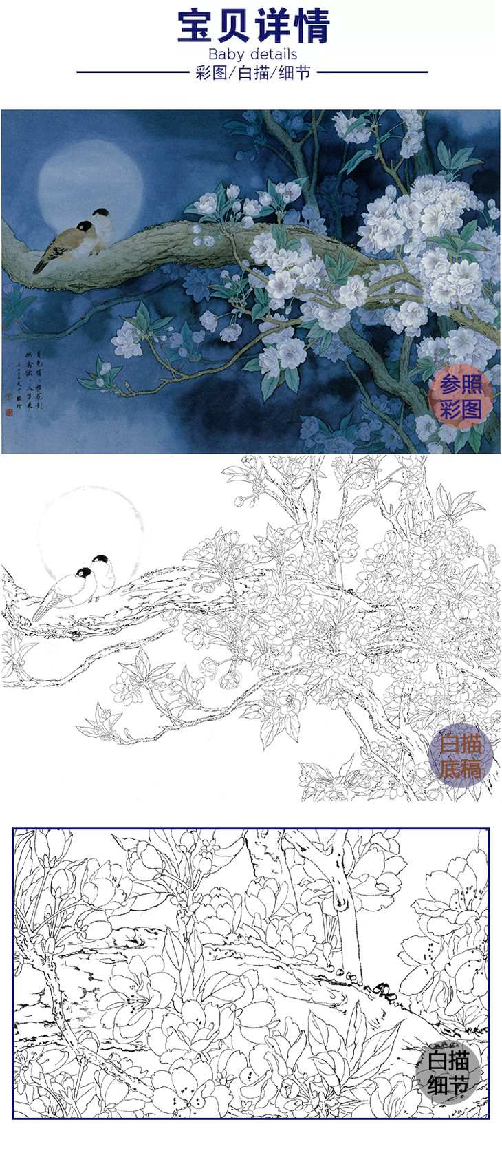 横幅工笔花鸟白描底稿周中耀樱花月移花影入梦来多种白描尺寸可选zt32