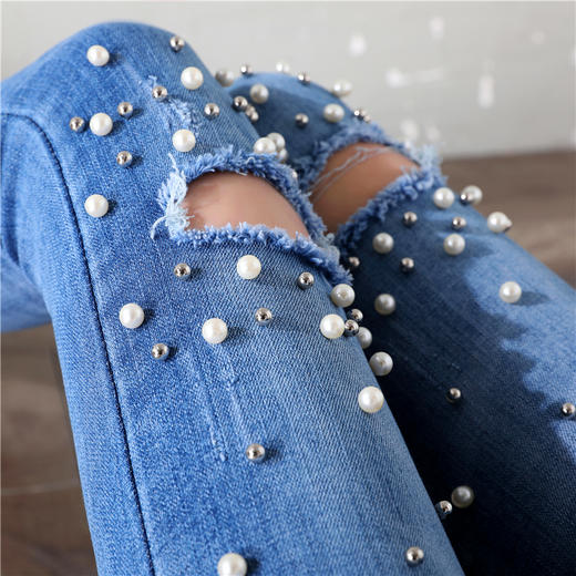 寒冰紫雨女生破洞钉珠女士牛仔裤春秋新款个性小脚珍珠破洞弹力修身