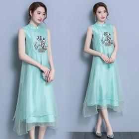 【服饰鞋包】*夏装新款女装民族风刺绣中长款打底真丝欧根纱连衣裙a字裙