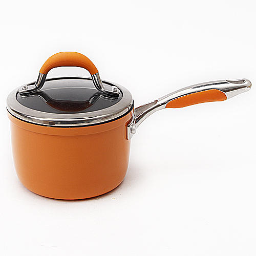 美亚橙色14cm玻璃盖单柄汤锅加厚热奶锅c11
