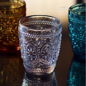 【家居百货】创意时尚个性杂货欧式复古怀旧刻花立体浮雕彩色玻璃杯水杯 商品图3