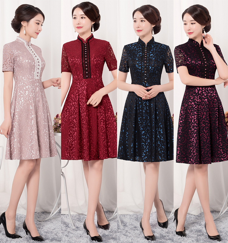SKY 中袖复古改良时尚蕾丝旗袍裙