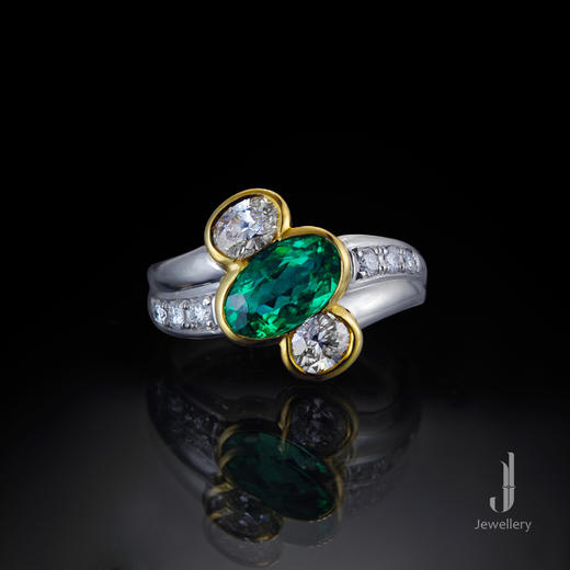 J珠宝 18K金 铂金 钻石 祖母绿戒指 商品图0