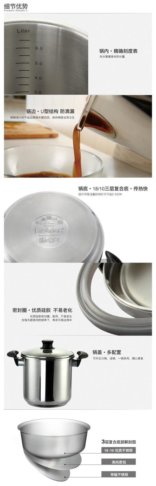 *【戴德】DD016/DD017戴德 18/10不锈钢高压锅电磁炉通用高压压力锅家用6L 商品图6