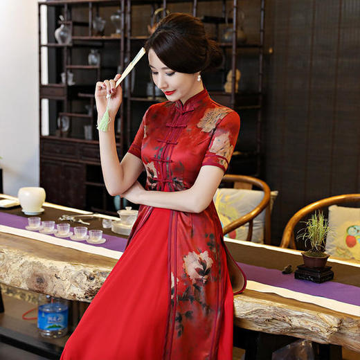 mes1937红蔷薇奥黛高档丝绸修身旗袍