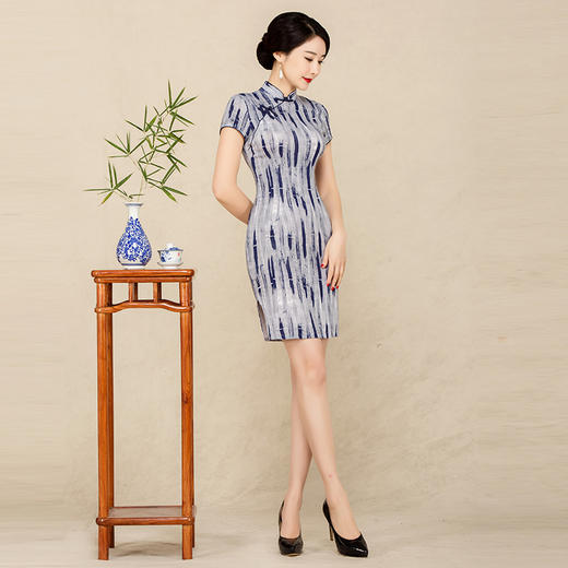 高档竹节棉弹力修身旗袍青竹寒烟yg6715