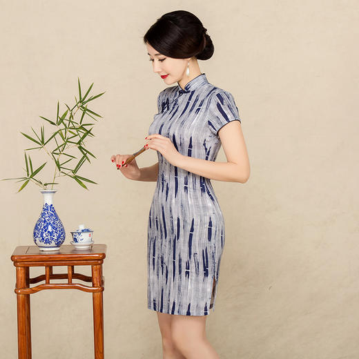 高档竹节棉弹力修身旗袍青竹寒烟yg6715