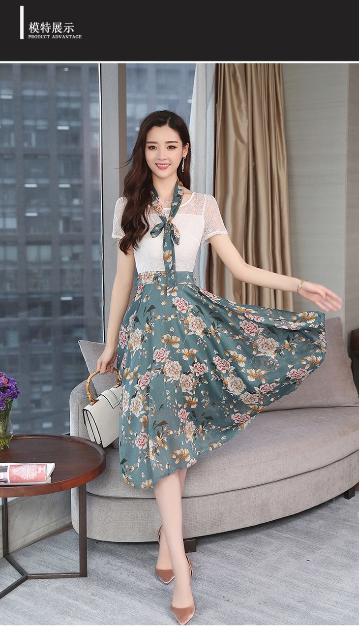 e28360系带印花修身连衣裙