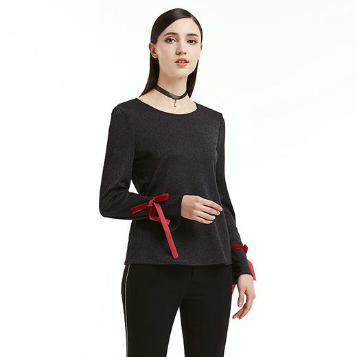 eitie爱特爱女装春季修身打底拼接绷带长袖上衣圆领t恤a1813003