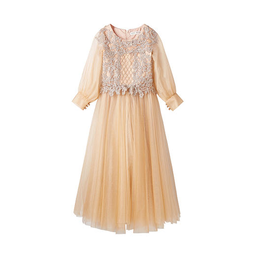 小女生长袖香槟色高端晚礼服天然优质棉料为天使造爱的衣服