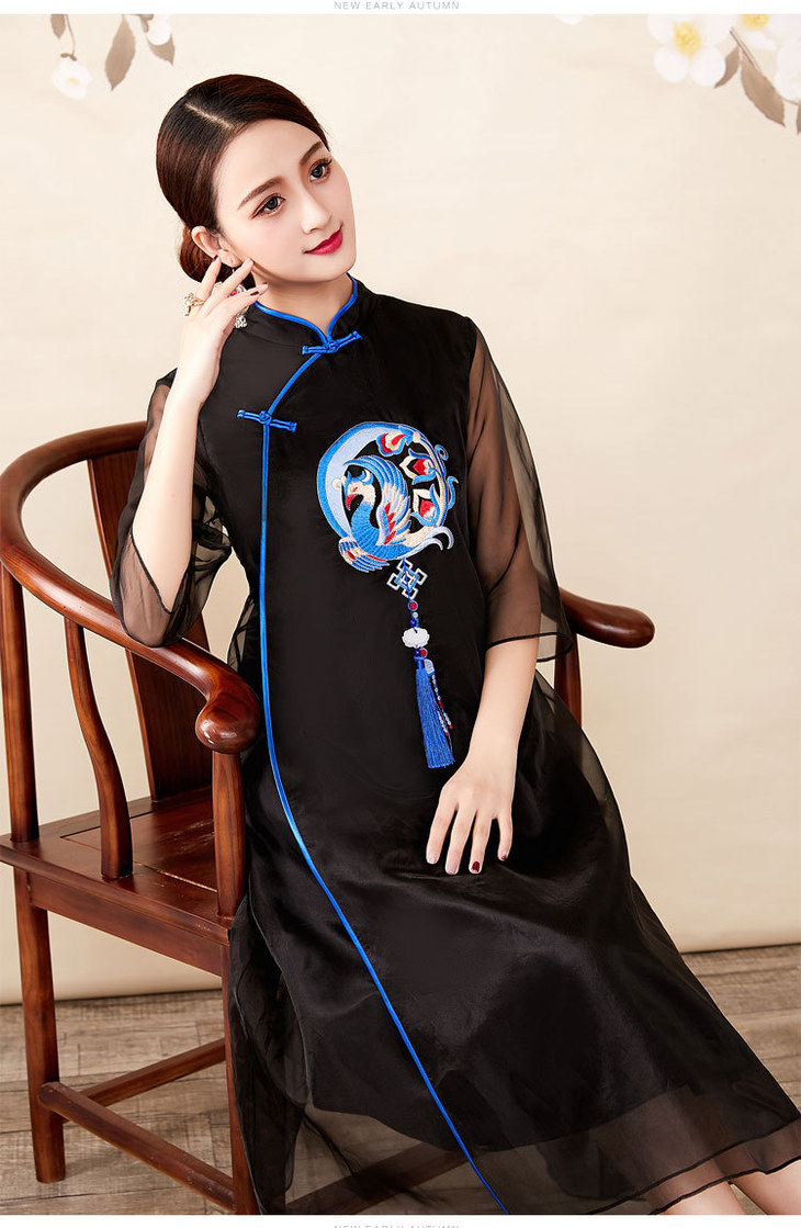 tjog9842中国风复古刺绣改良连衣裙唐织绾