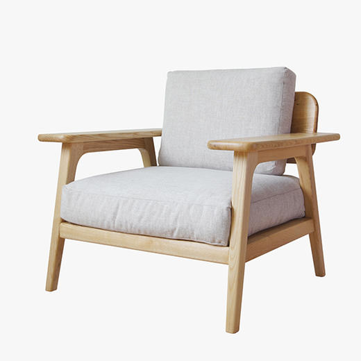 自然家居原创无忧系列白蜡木实木家具单人沙发布艺沙发麻棉沙发