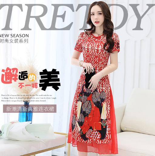 CQ cpyy18012  新品圆领短袖印花收腰连衣裙2018夏季 商品图0