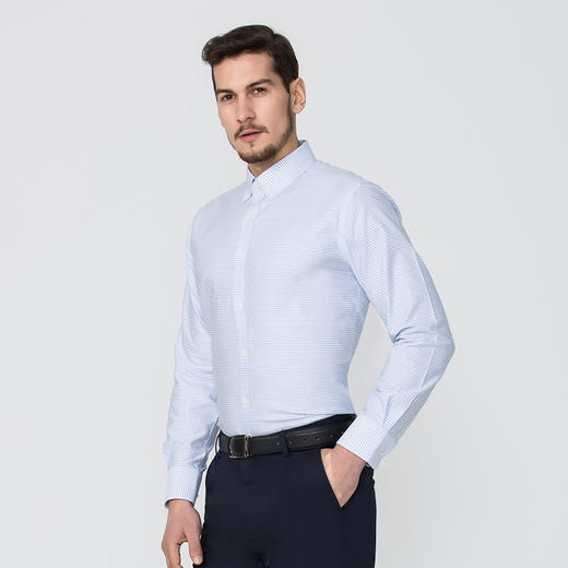 【浅蓝中格  DP 长袖 剩余S M码】JAMES KINGDOM 男士免烫系列商务长袖衬衫 商品图1