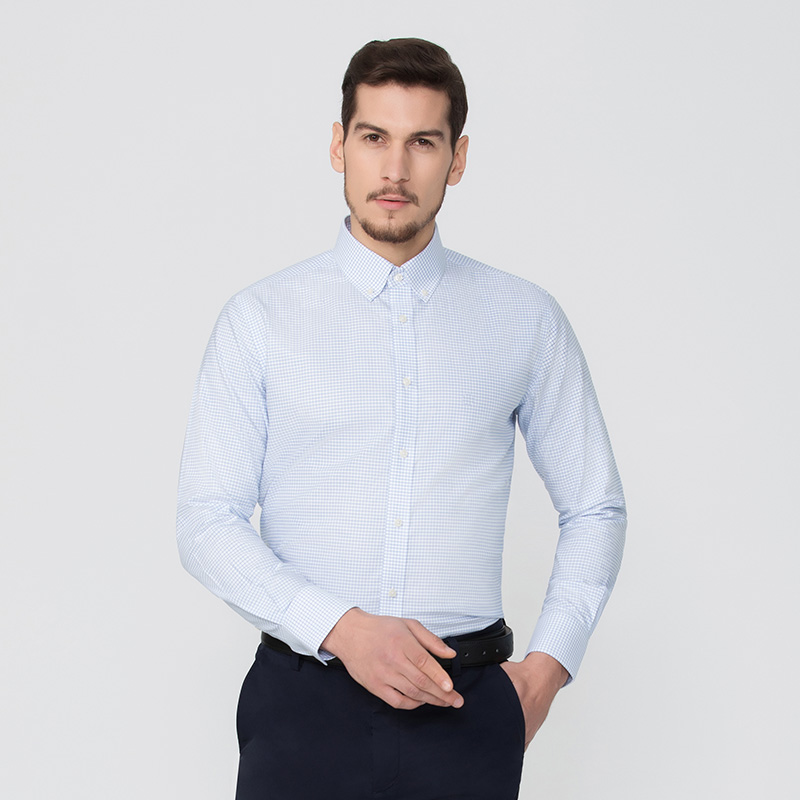 【浅蓝中格  DP 长袖 剩余S M码】JAMES KINGDOM 男士免烫系列商务长袖衬衫