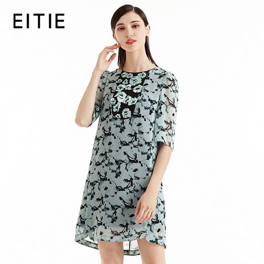 EITIE爱特爱女装夏季只投拼接刺绣印花五分袖短裙连衣裙55072102 商品图0