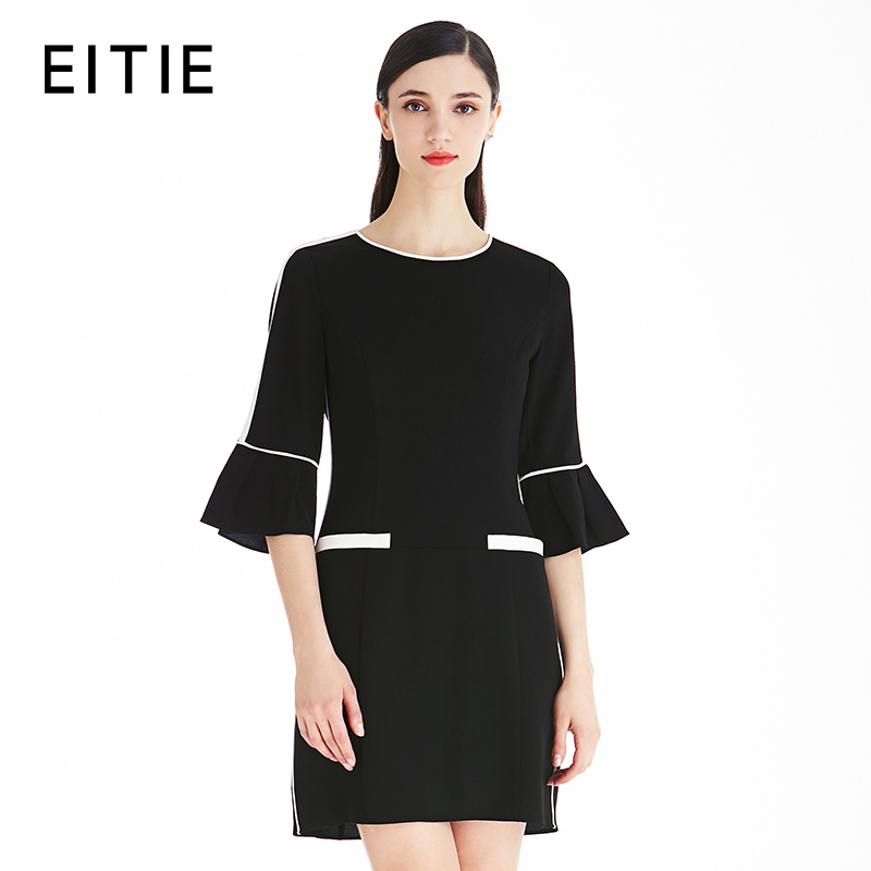 EITIE爱特爱女装夏季五分喇叭袖黑白撞色短款修身连衣裙5307068