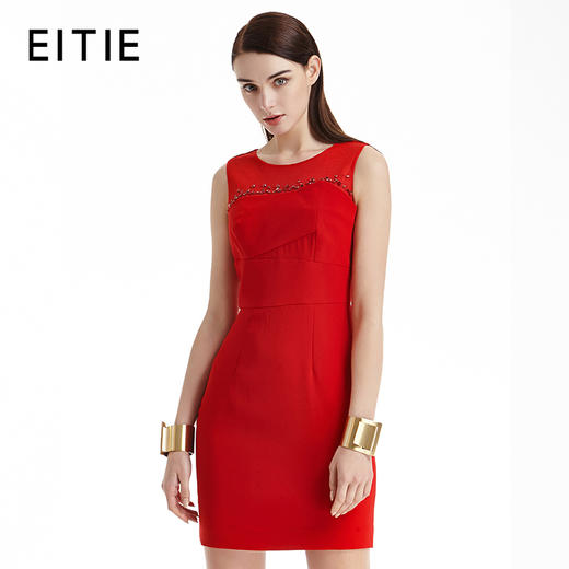 EITIE爱特爱女装夏季新款无袖钉珠拼接收腰显瘦一步裙连衣裙53070124 商品图1