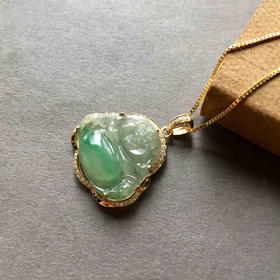 冰种阳绿肚子俏色弥勒佛18k黄金钻石镶嵌