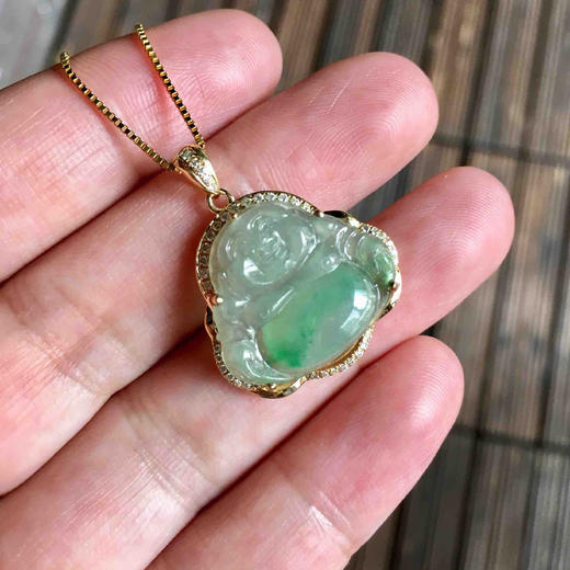 冰种阳绿肚子俏色弥勒佛18k黄金钻石镶嵌 商品图7