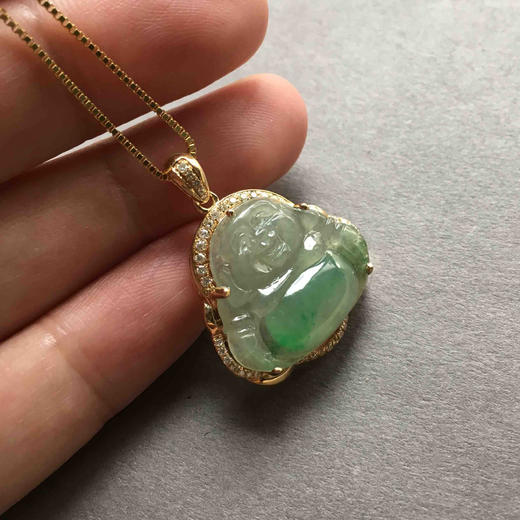 冰种阳绿肚子俏色弥勒佛18k黄金钻石镶嵌 商品图6