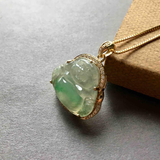 冰种阳绿肚子俏色弥勒佛18k黄金钻石镶嵌 商品图1