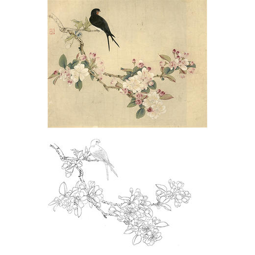 俞致贞工笔花鸟白描底稿海棠花西府海棠斗方小品册页jv25