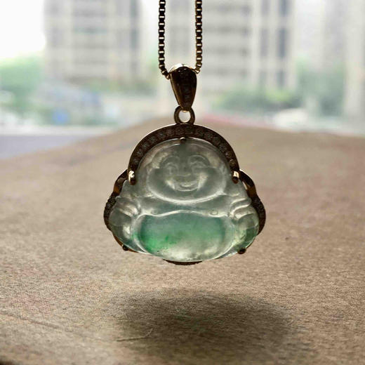 冰种阳绿肚子俏色弥勒佛18k黄金钻石镶嵌 商品图8