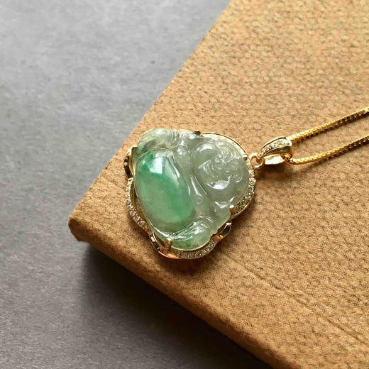 冰种阳绿肚子俏色弥勒佛18k黄金钻石镶嵌 商品图2