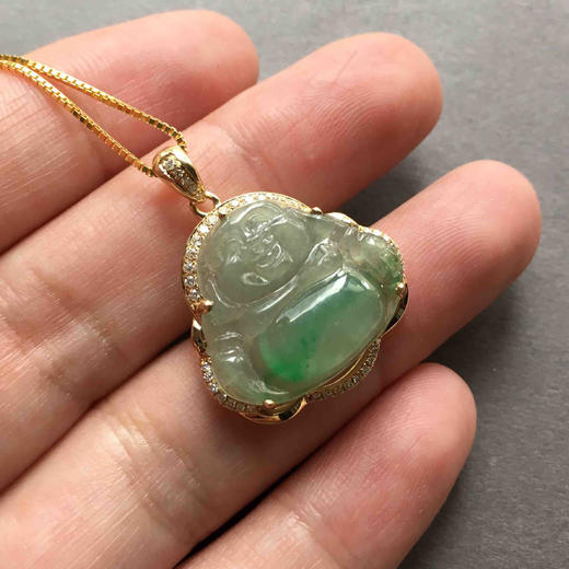 冰种阳绿肚子俏色弥勒佛18k黄金钻石镶嵌 商品图5