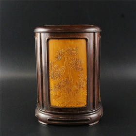 近现代名人[石门山人款]红木嵌竹黄笔筒