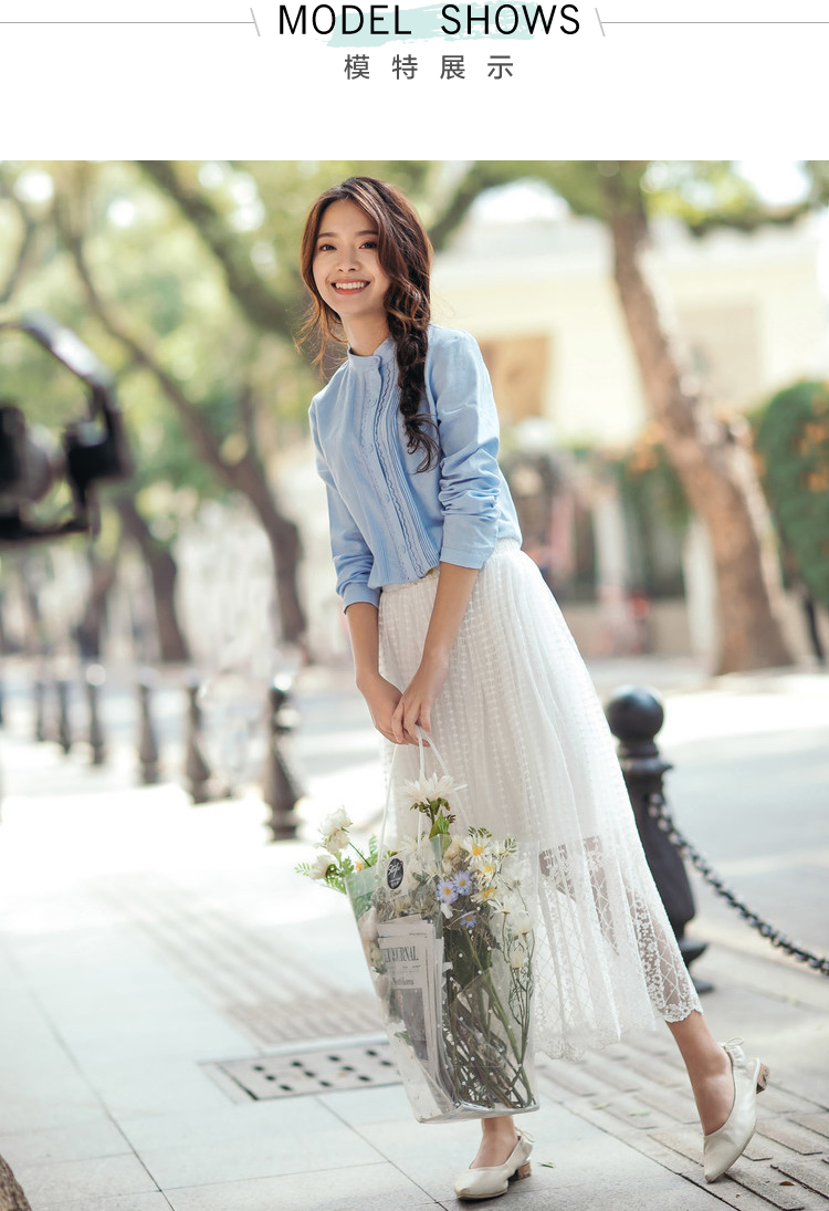 茵曼2018夏装新款橡筋腰白色蕾丝花边优雅半身裙女小清新中长裙