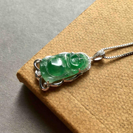 冰种阳绿翡翠站佛18k白金钻石镶嵌 商品图2
