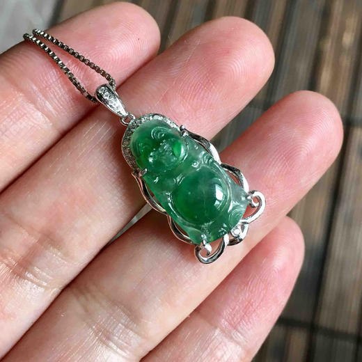 冰种阳绿翡翠站佛18k白金钻石镶嵌 商品图7