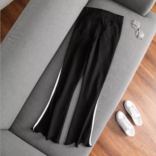 【服饰】高腰白色镶边修身显瘦不规则裤脚微喇叭牛仔裤女 商品图1