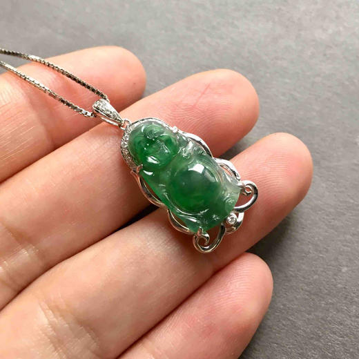 冰种阳绿翡翠站佛18k白金钻石镶嵌 商品图5