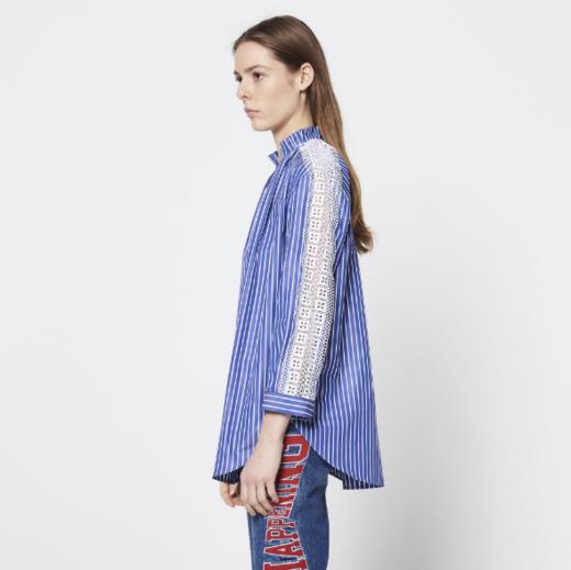 【服饰】。S家竖条纹拼接花边衬衣上衣 商品图0