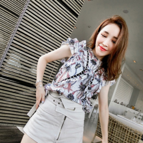 【服饰】。海报款 纯棉质铆钉装饰荷叶边印花无袖背心上衣