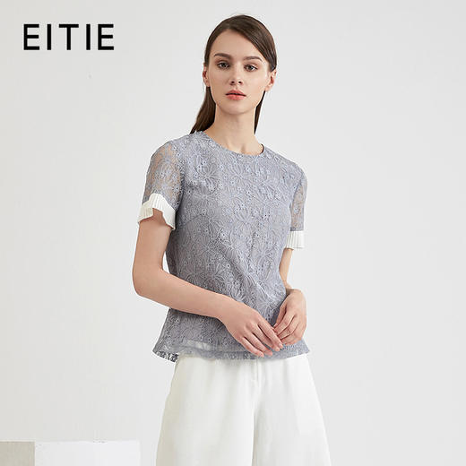 EITIE爱特爱女装夏季纯色蕾丝钩花短袖T恤上衣蕾丝小衫女B1813004 商品图0